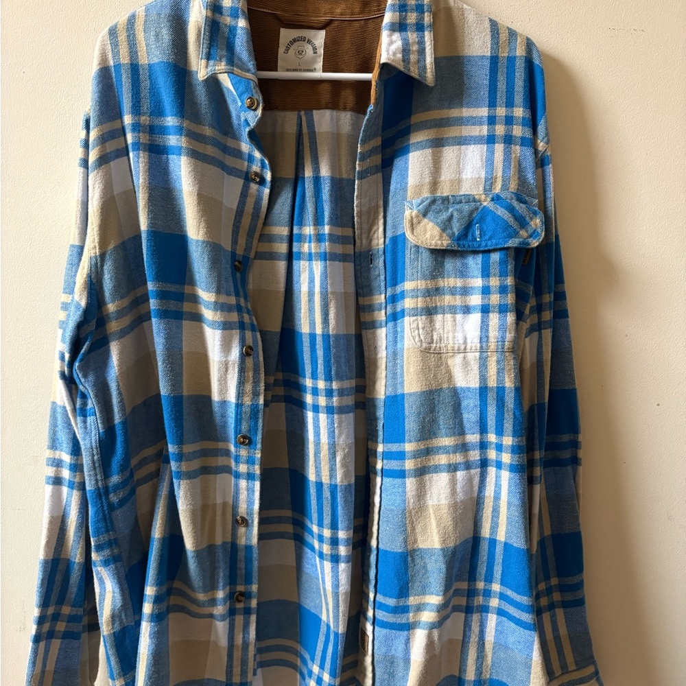 Dubinik Men's Blue Plaid Flannel Shirt Brown Corduroy Yoke Size Large